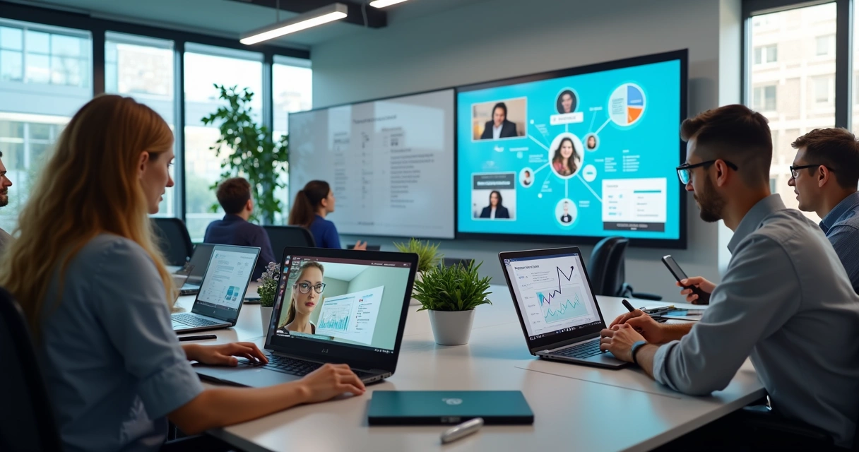 Equipe de colaboradores em ambiente corporativo assistindo a curso online em plataforma digital com vídeos e gráficos 