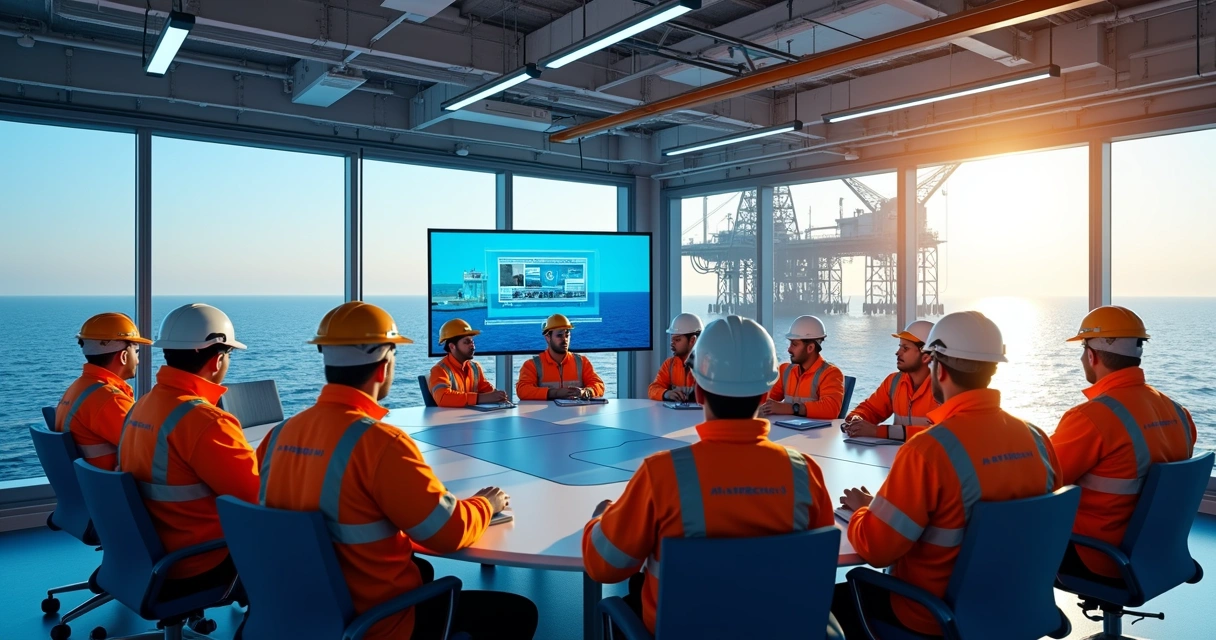Equipe embarcada em plataforma offshore participando de treinamento online 