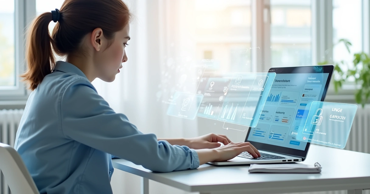 Estudante utilizando computador em ambiente branco moderno para ensino à distância com gráficos de progresso digital na tela 