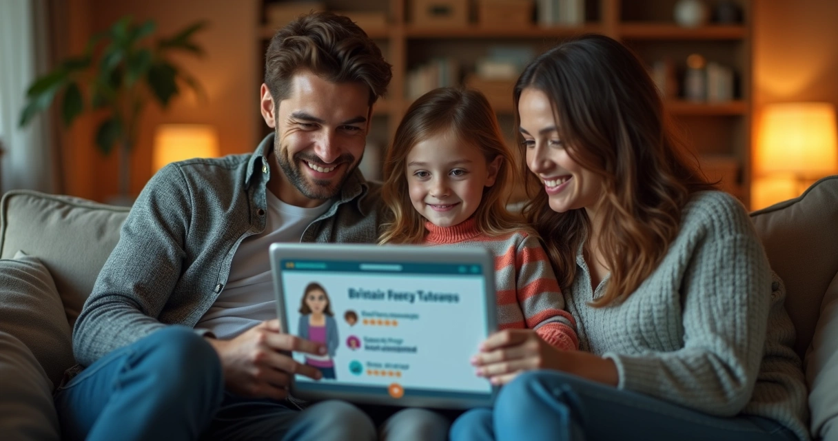 Família analisando plataforma de ensino online para escolher professor 