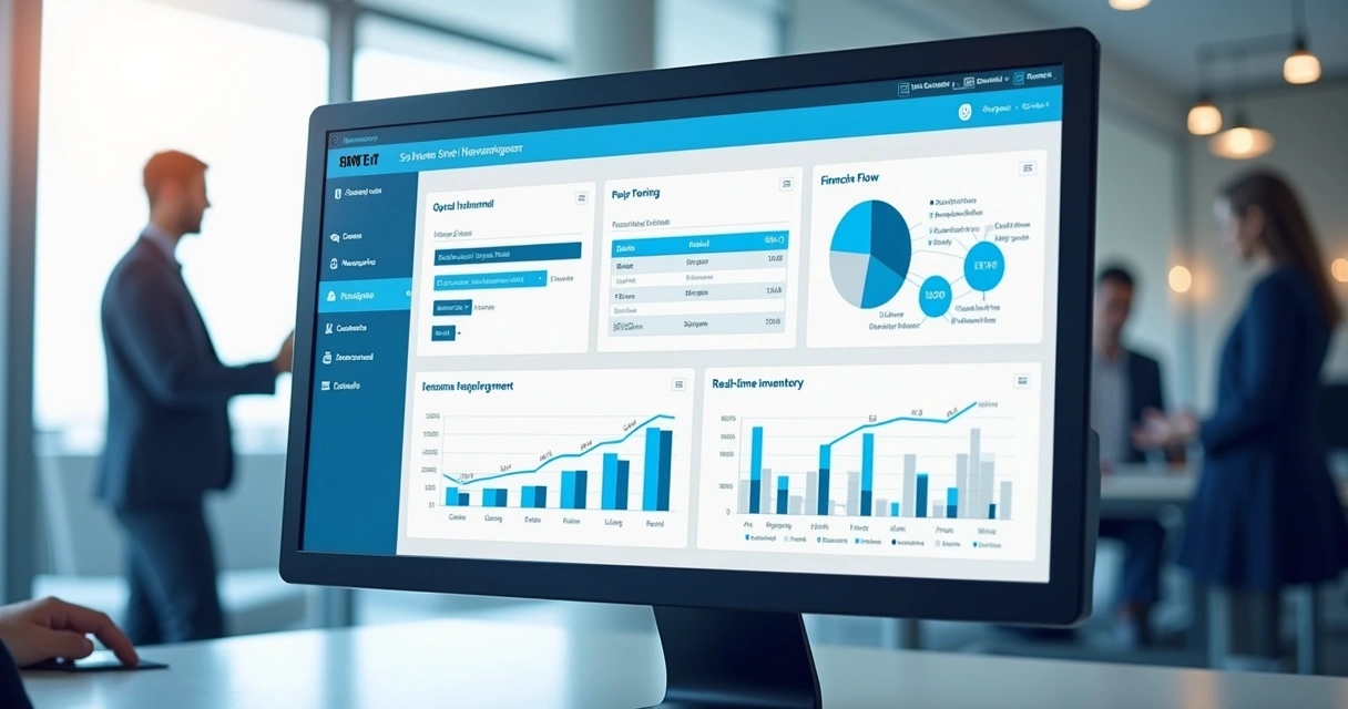 Tela digital de sistema ERP mostrando integração de vendas, financeiro e estoque 