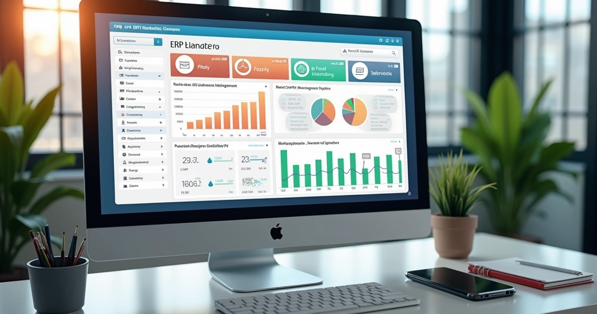 Computador com tela exibindo dashboard integrado de ERP, e-commerce e PDV, com gráficos e dados em tempo real, ambiente moderno de escritório ao fundo 