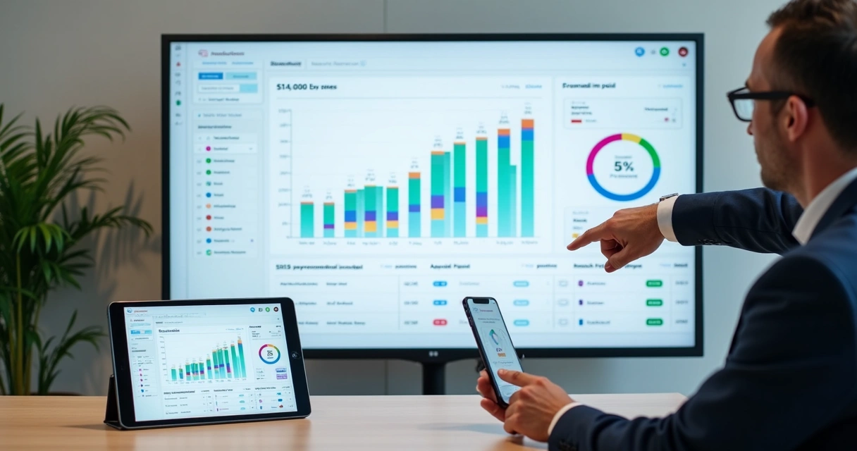 Telão mostrando plataforma financeira de condomínio com gráficos de pagamentos 