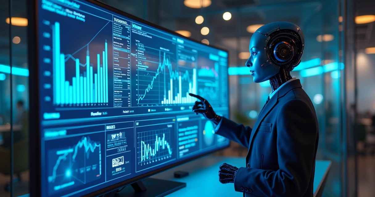 Gráficos digitais e IA em tela de plataforma financeira