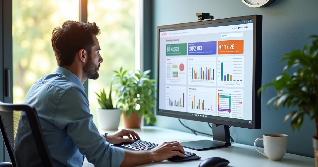 Profissional analisando painel de dados financeiros em tela ampla 
