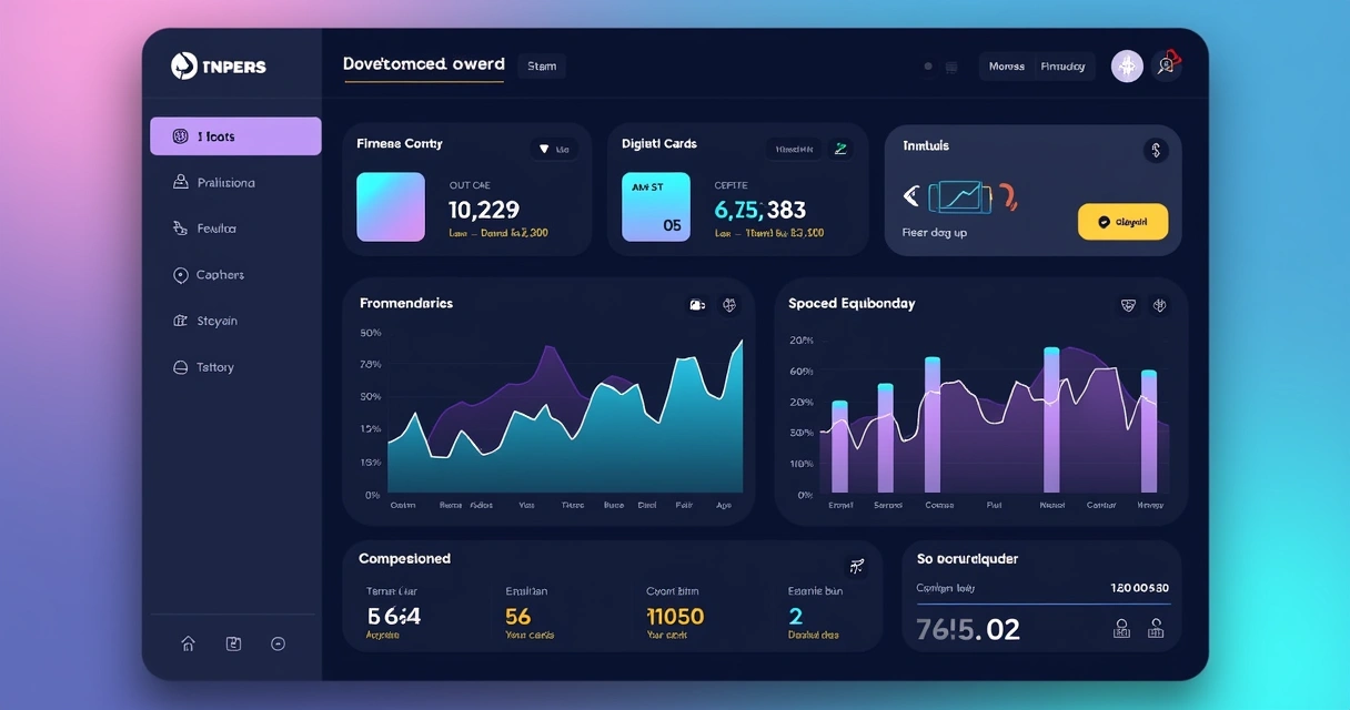 Painel de plataforma de fintech personalizada mostrando transações, cartão digital e gestão de contas 