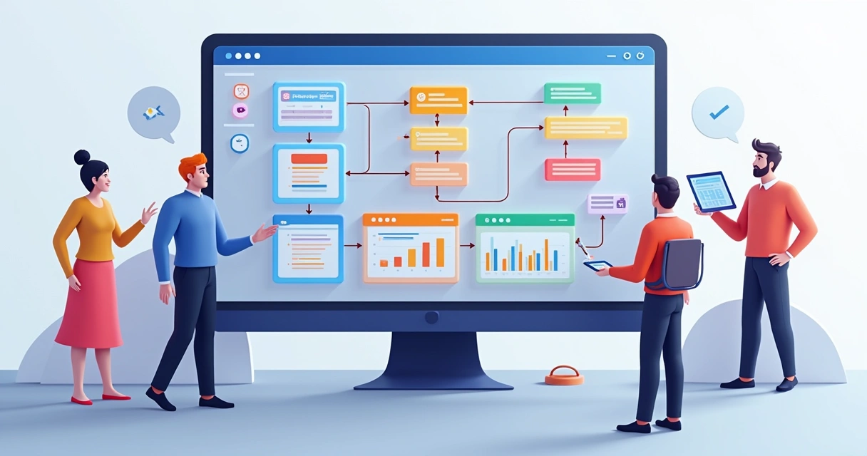 Tela de plataforma de workflow empresarial com fluxos conectados 