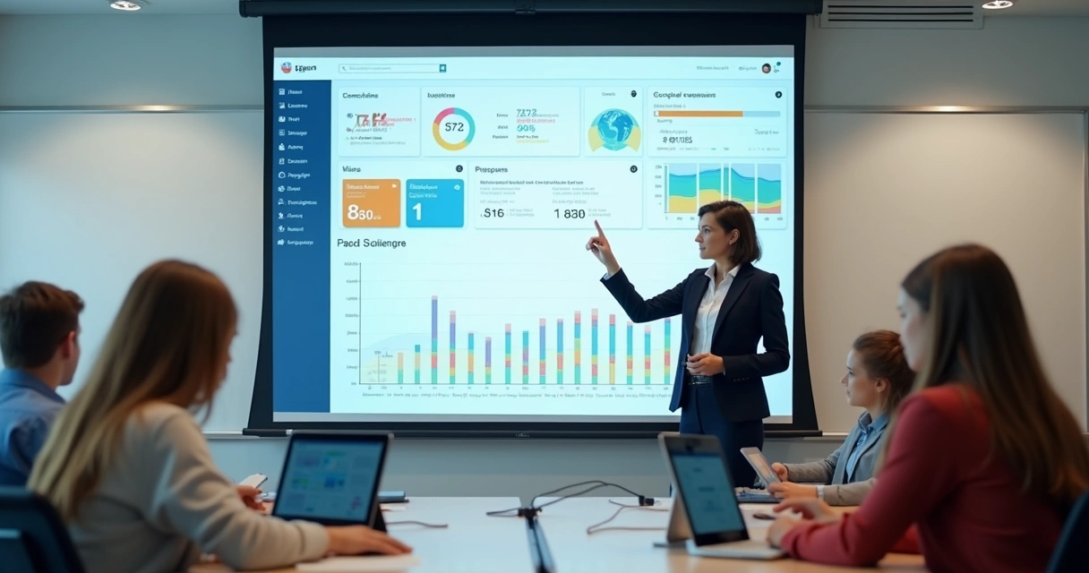 Gestor analisando tela de plataforma de gestão escolar com gráficos e notificações 