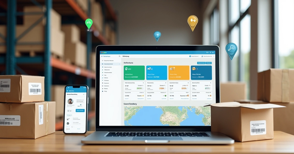 Painel de gestão de fretes integrado a loja virtual no notebook sobre mesa de escritório 