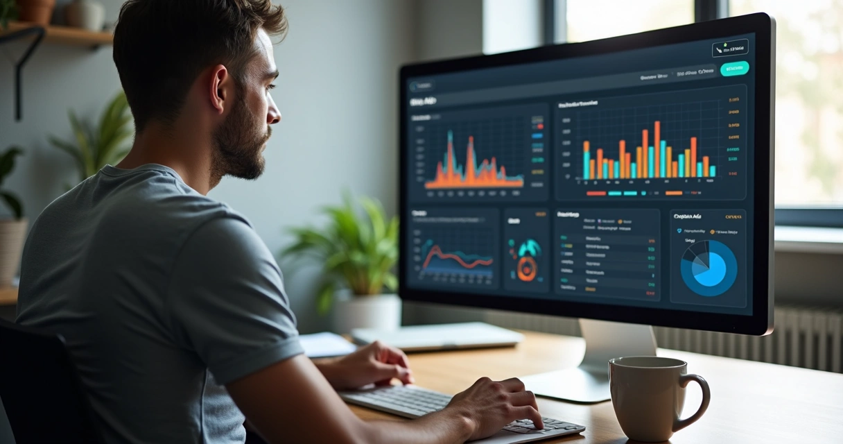 Homem visualizando dashboard de anúncios em tela grande 