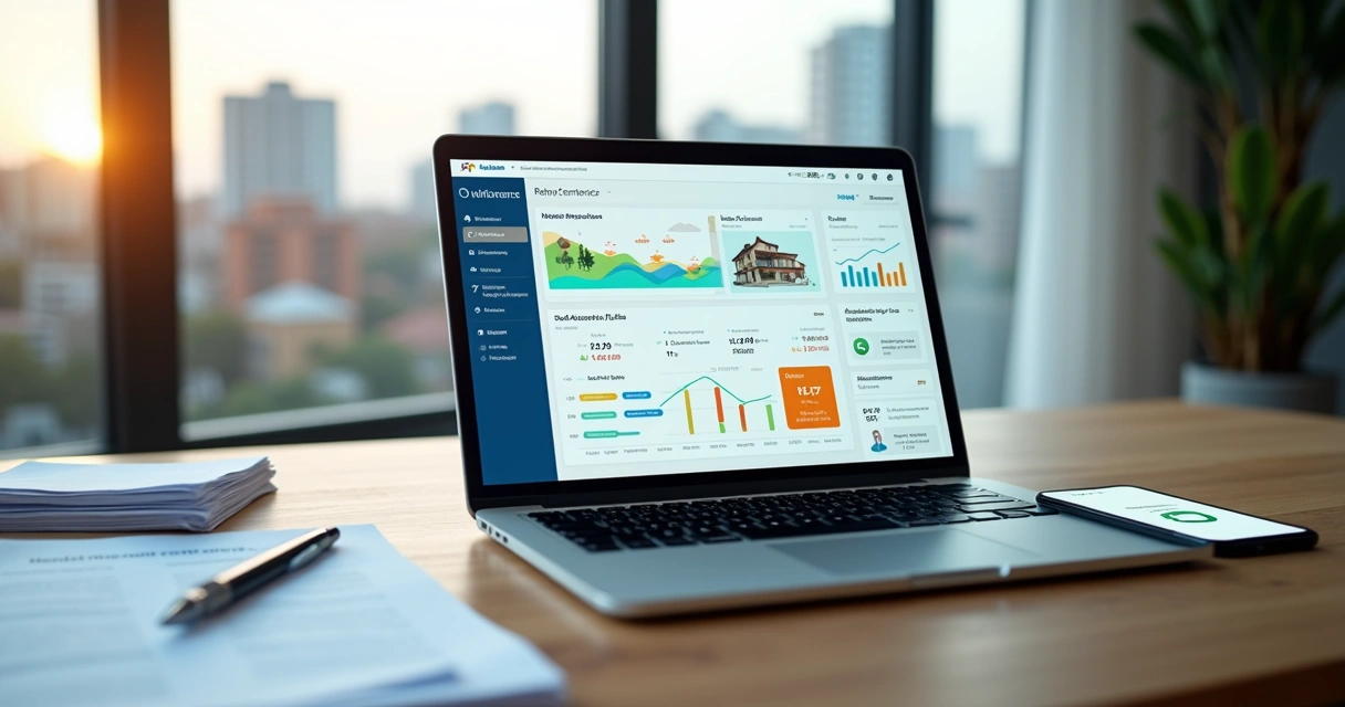 Proprietário analisando plataforma de gestão de aluguéis em dashboard com gráficos e imóveis 