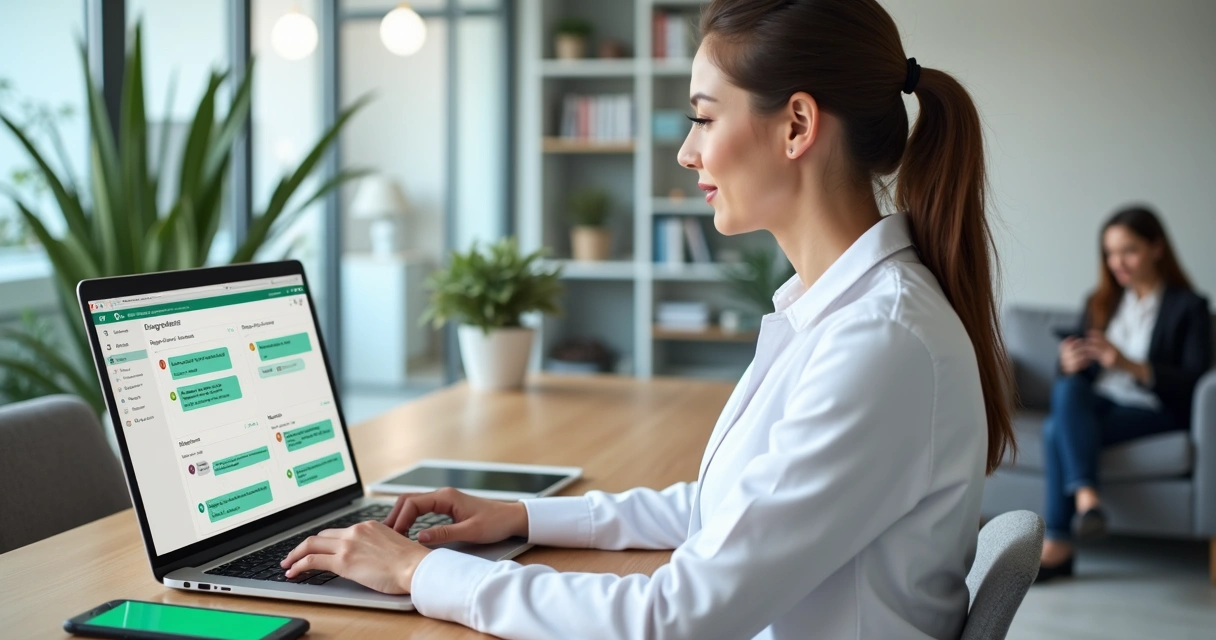 Psicóloga usando plataforma online de gestão de clínica de psicologia no computador com paciente no celular 