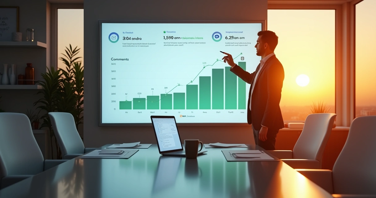 Gestor observa grande painel digital com indicadores de pagamentos e inadimplência em queda 
