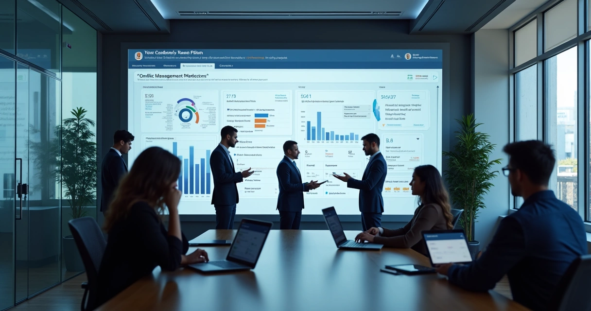 Interface de plataforma digital de gestão de conflitos exibindo gráficos e chats 