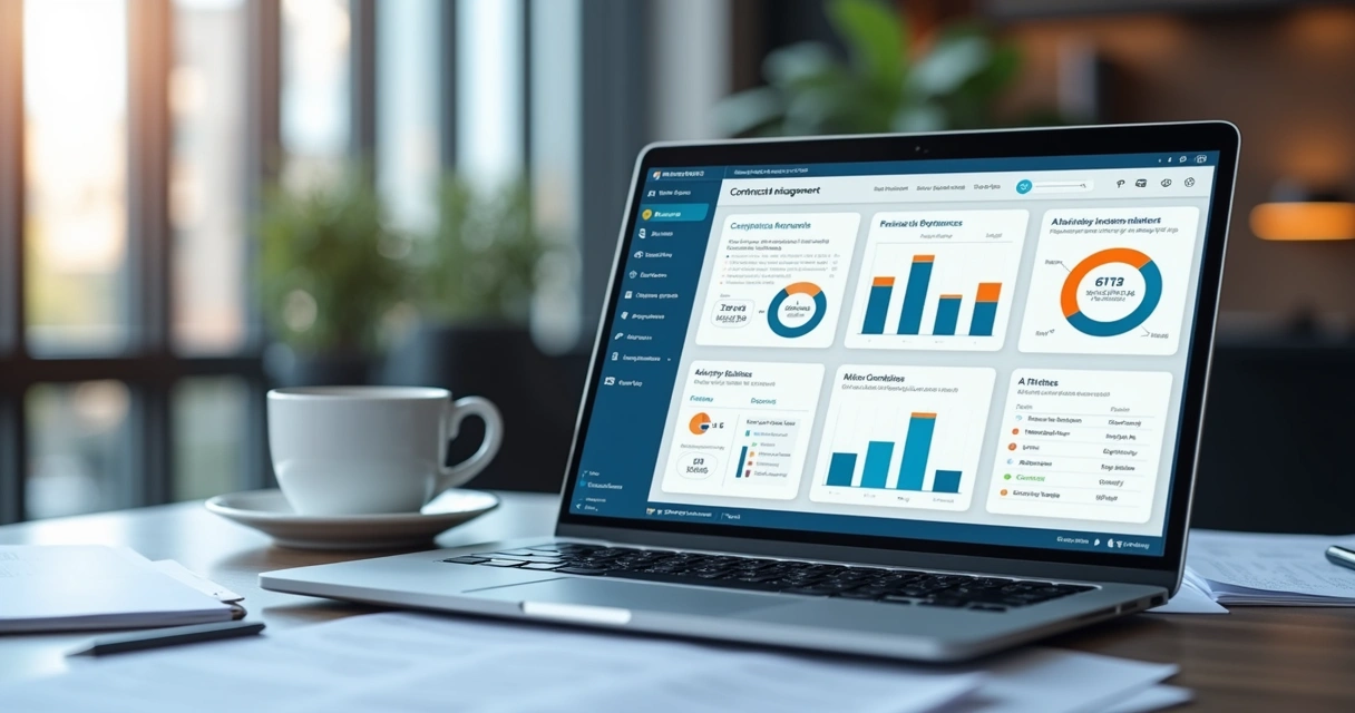 Dashboard de plataforma de gestão de contratos digital com alertas e dados 
