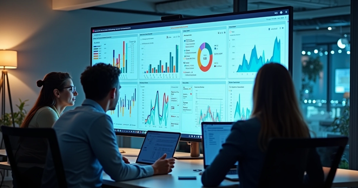 Painel digital mostrando monitoramento de riscos e gráficos de saúde mental corporativa 