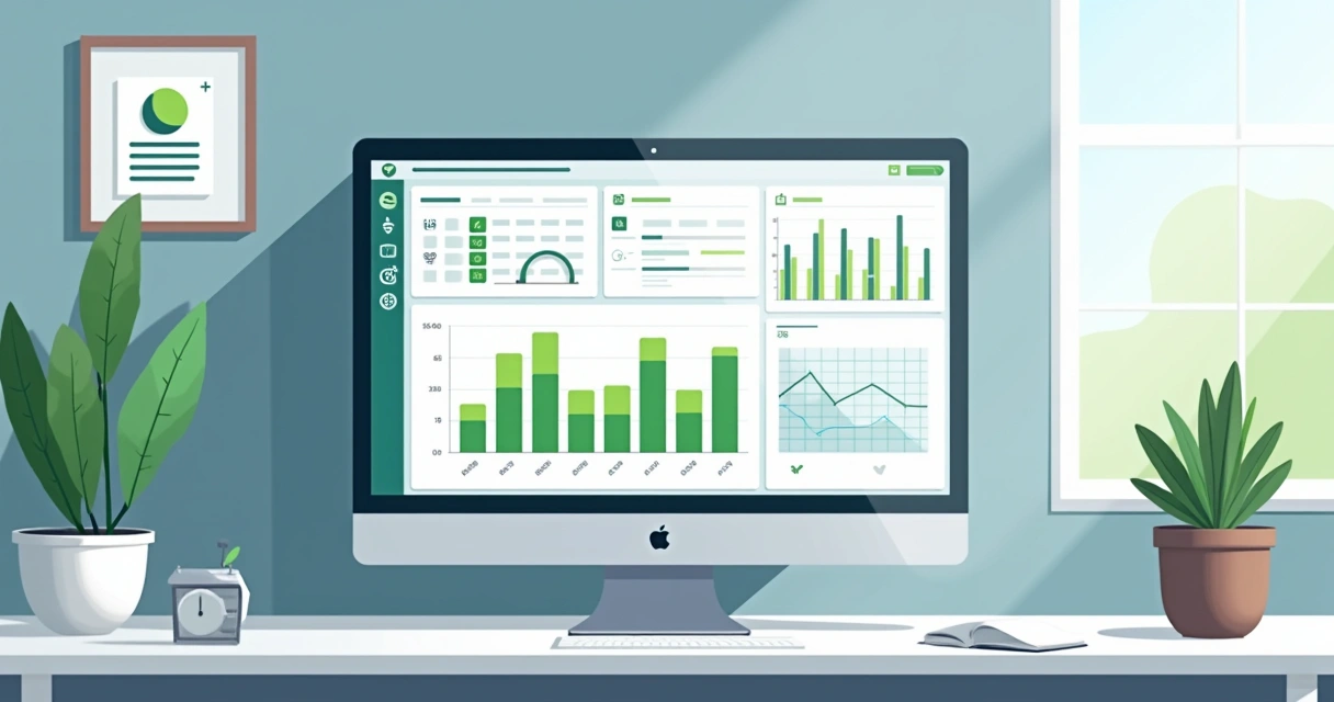 Tela de plataforma integrada de gestão imobiliária com gráficos e lista de documentos
