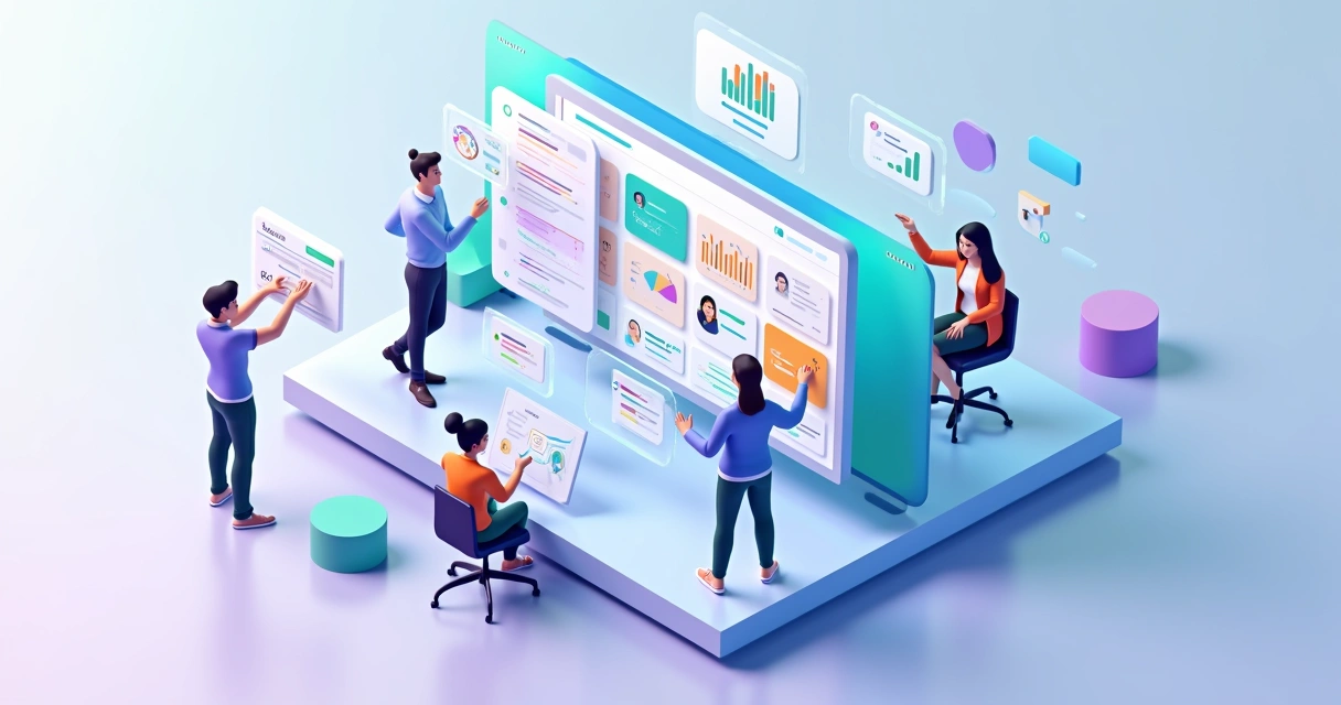 Dashboard 3D de plataforma de gestão com equipe colaborando ao redor 