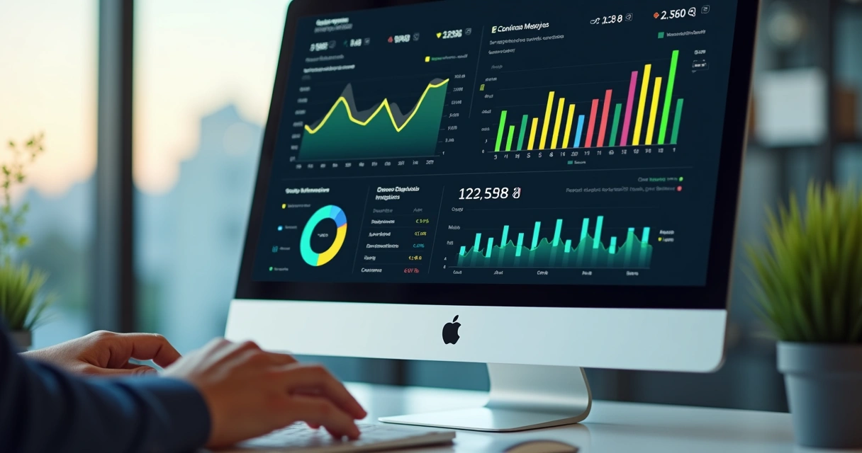 Tela de computador com painel de controle de gestão financeira mostrando gráficos de fluxo de caixa e lucro 