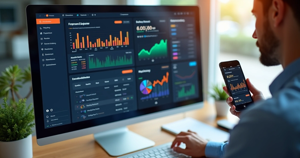 Tela de plataforma financeira com gráficos de receitas e despesas 