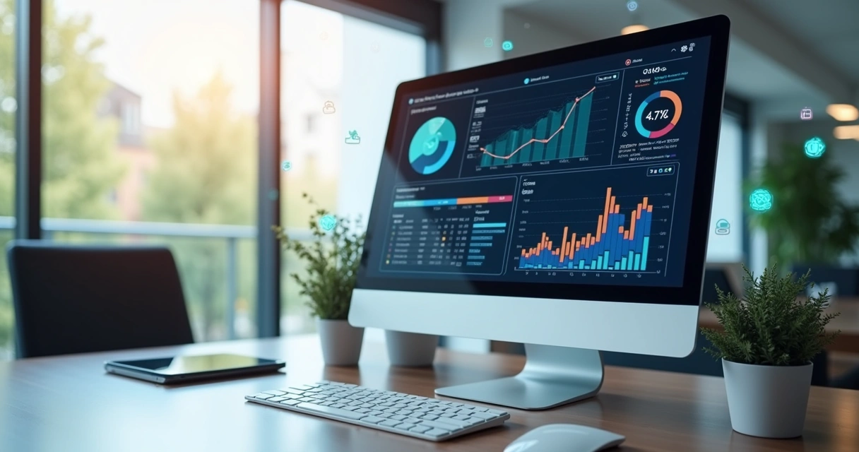 Dashboard digital com gráficos e dados de gestão em plataforma de home care em tela de computador em ambiente corporativo 