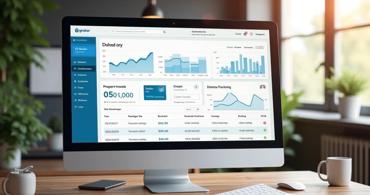 Dashboard de plataforma digital de gestão de imóveis mostrando contratos, pagamentos e aviso de inadimplência 
