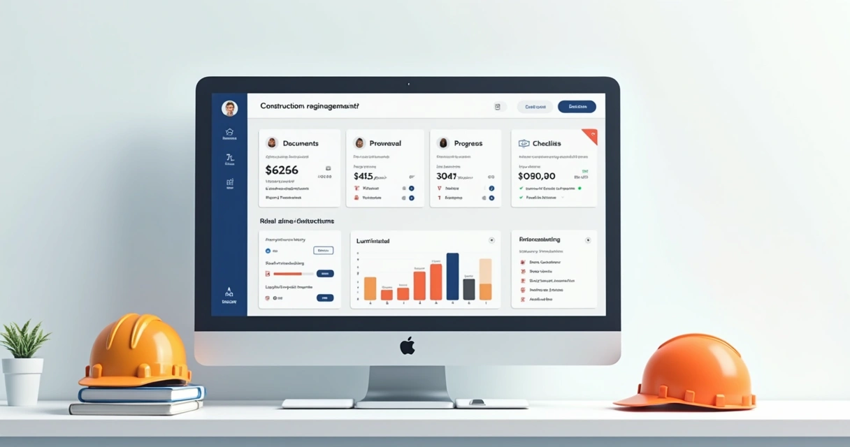 Tela de computador exibindo plataforma de gestão de obras 