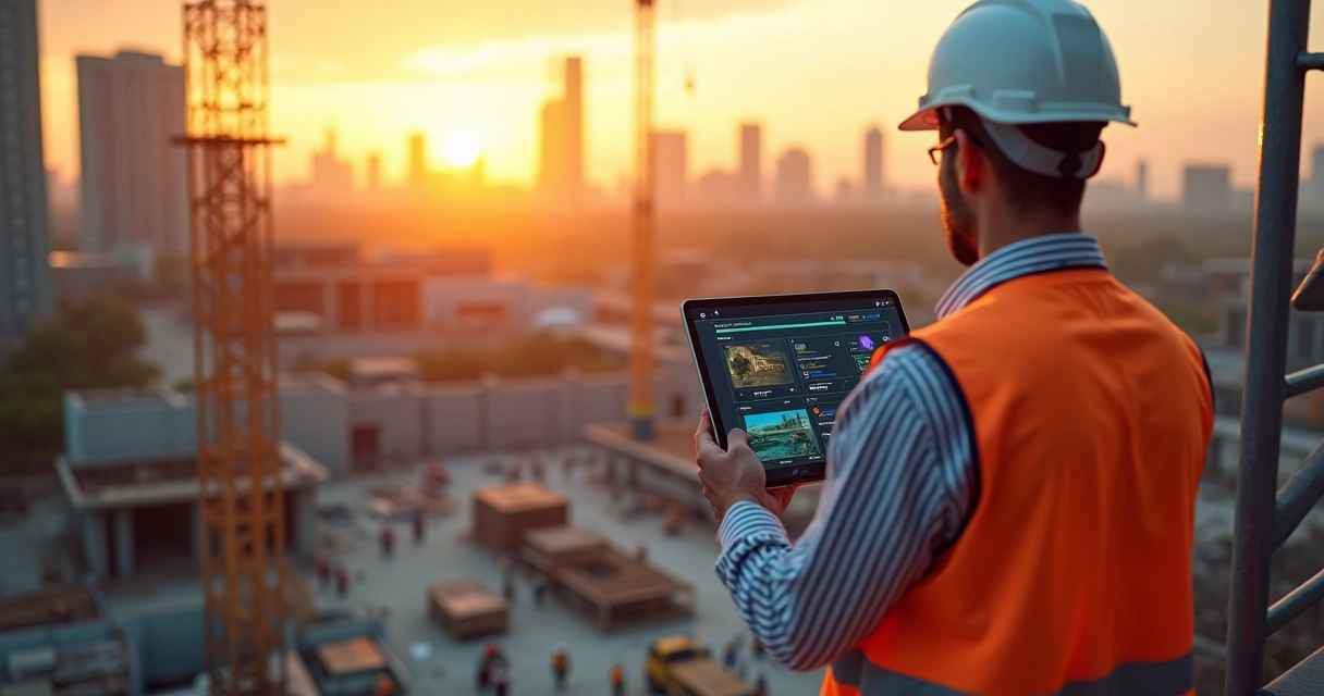 Engenheiro segura tablet com painel de gestão online em canteiro de obras urbano 