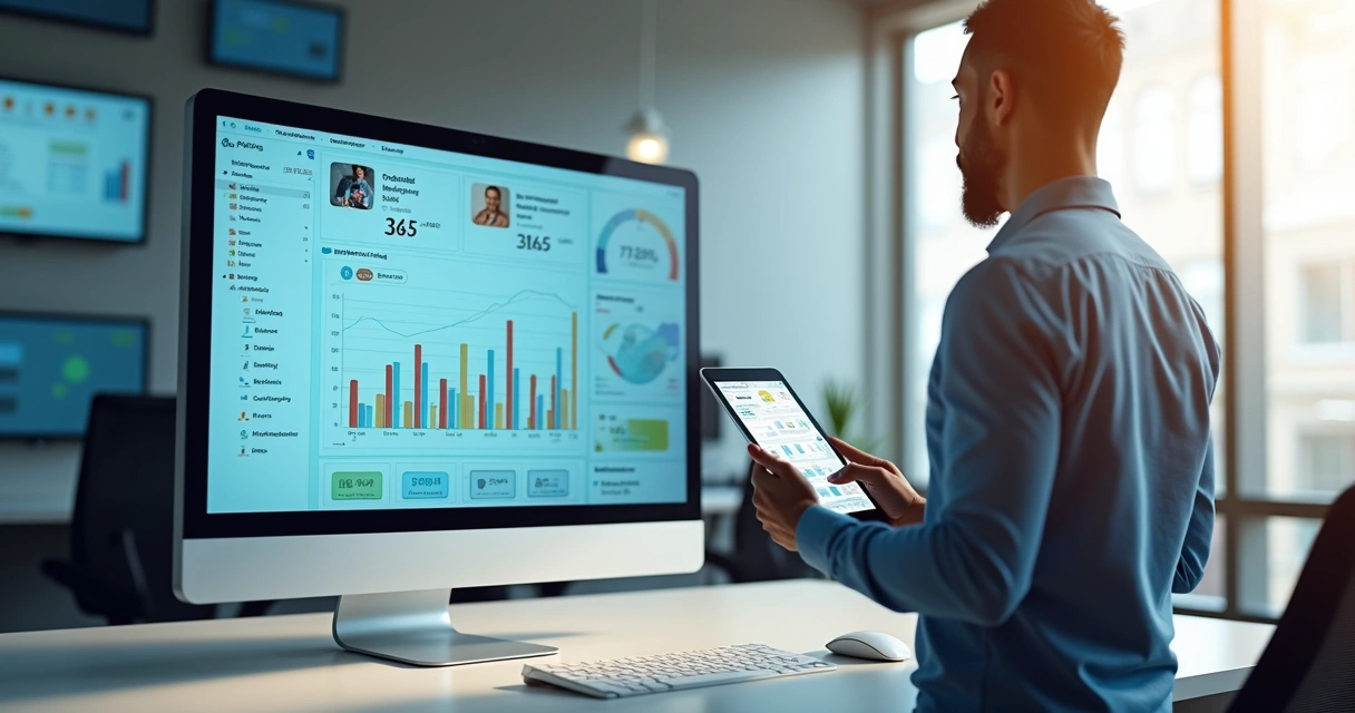 Painel digital com gráficos de vendas em tela de computador e vendedor analisando dados 