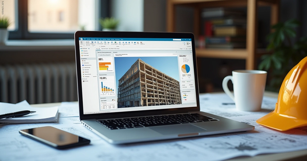 Plataforma de gestão visual exibindo obra em andamento no computador e celular