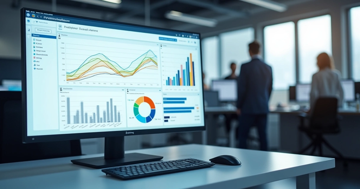 Painel de plataforma de IA com gráficos preditivos em tela de notebook 