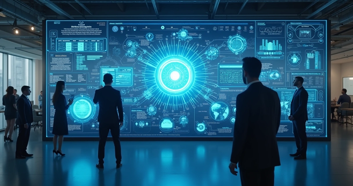 Interface moderna de plataforma de IA e automação exibindo dashboards