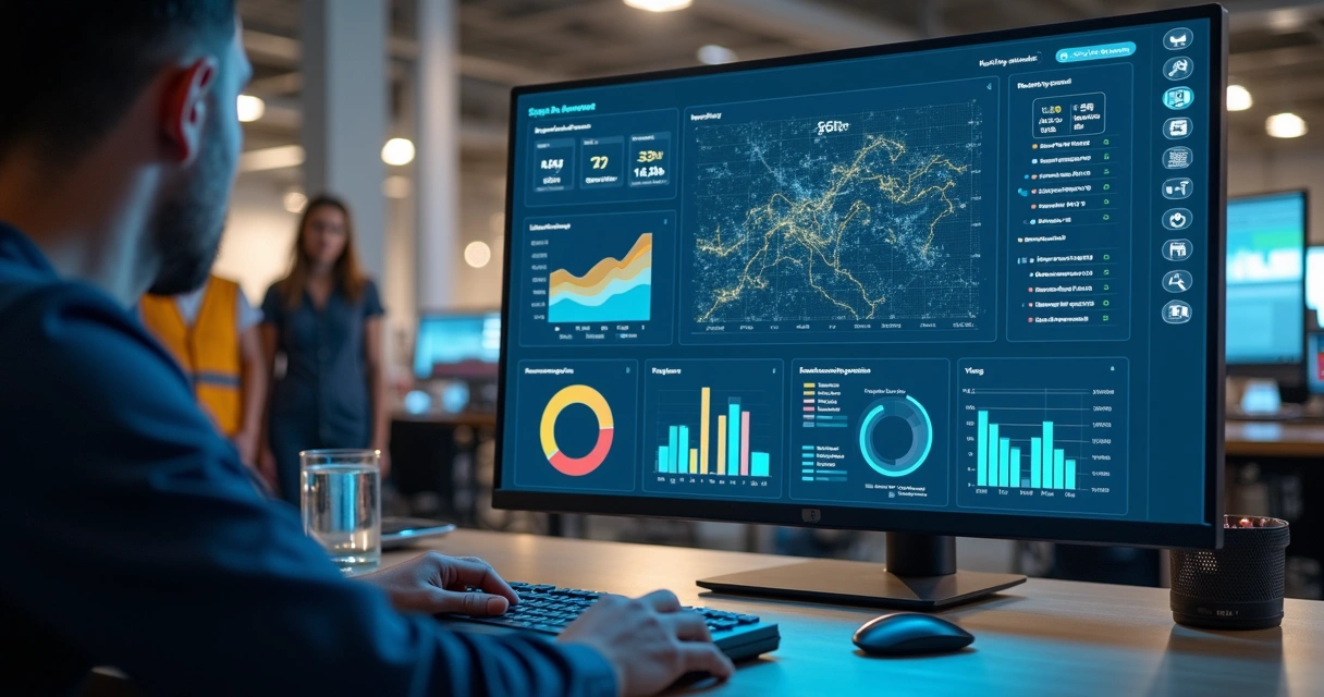 Plataforma com gráficos de indicadores de manutenção industrial em tela de computador e dados digitais ao redor 