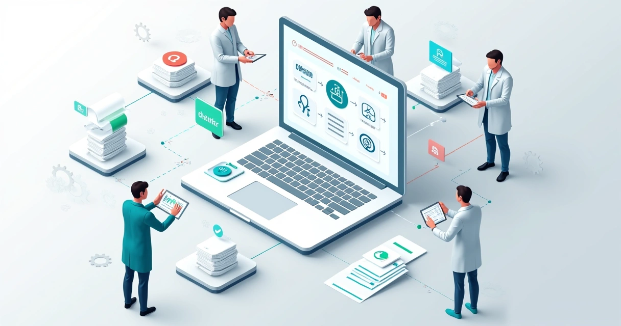 Interface de plataforma médica com IA organizando fluxos automatizados 