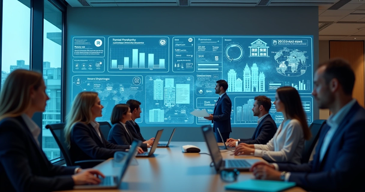 Painel digital de plataforma imobiliária mostrando locações e pagamentos