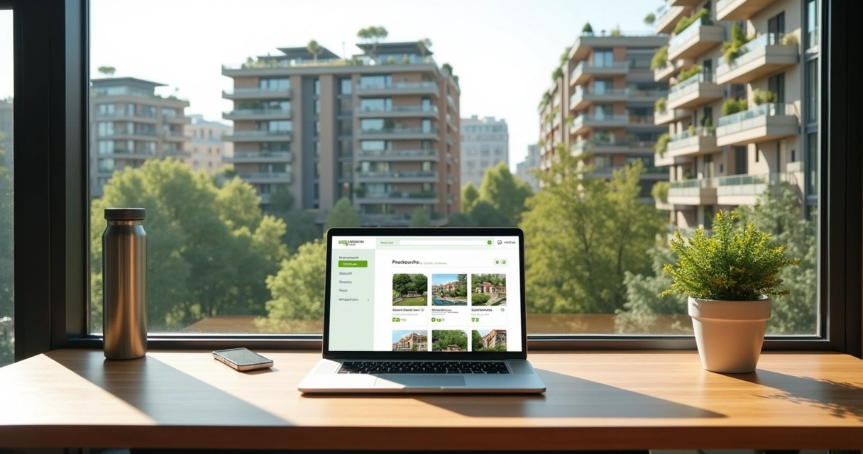 Tela de plataforma mostrando apartamentos sustentáveis cercados por cidade verde 
