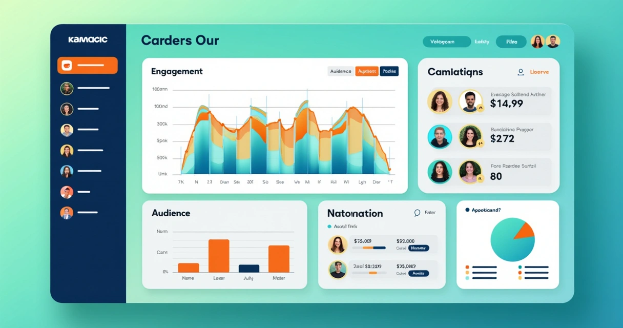Interface digital de plataforma de marketing mostrando dashboards de automação e análise de influência 