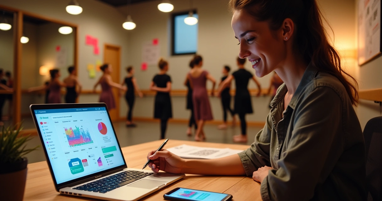 Gestora de escola de dança analisando vendas de ingressos em painel digital 