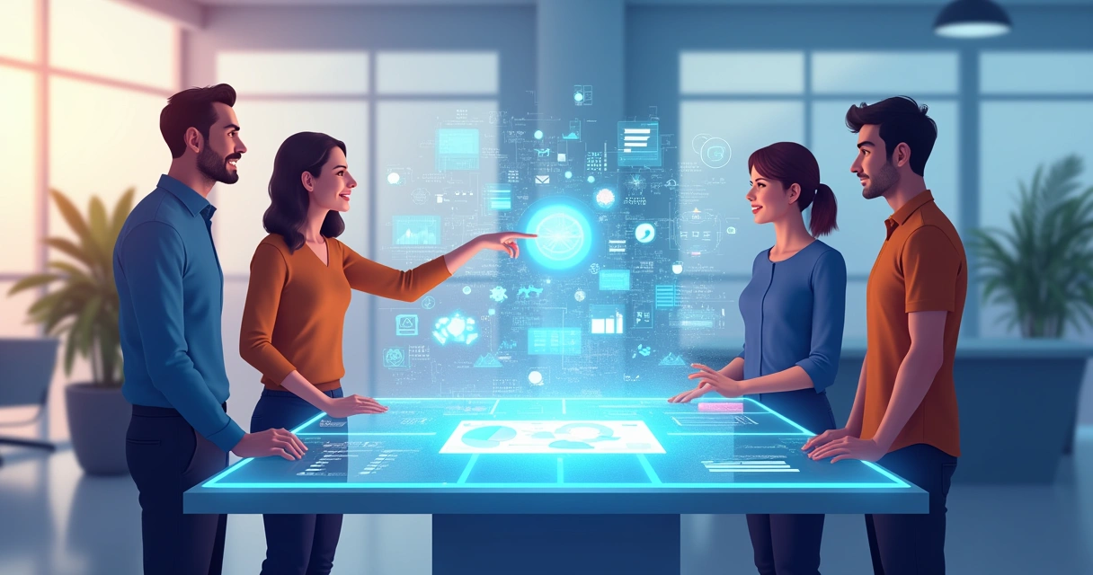 Equipe colaborando em ambiente virtual, mostrando evolução da tecnologia 