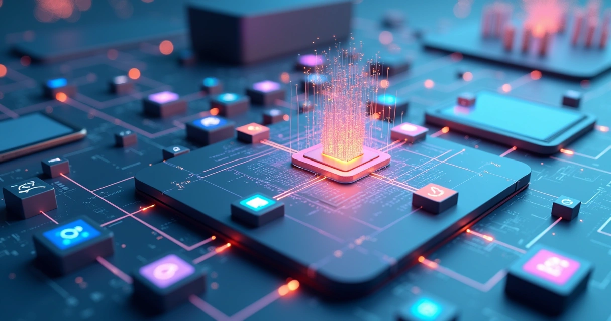 Representação em 3D de uma PME com vários sistemas se conectando em uma única plataforma 