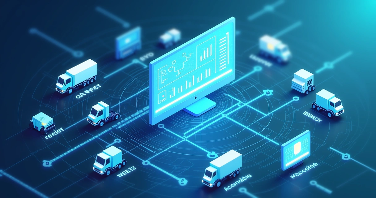 Visão geral de uma plataforma de integração de e-commerce mostrando vários sistemas conectados por linhas com gráficos e indicadores na tela 