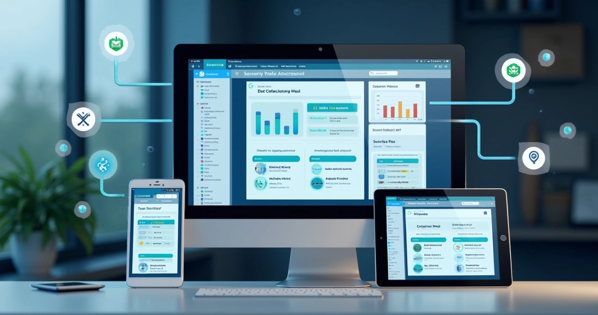 Plataforma de cobrança integrada ao sistema financeiro exibida em vários dispositivos 