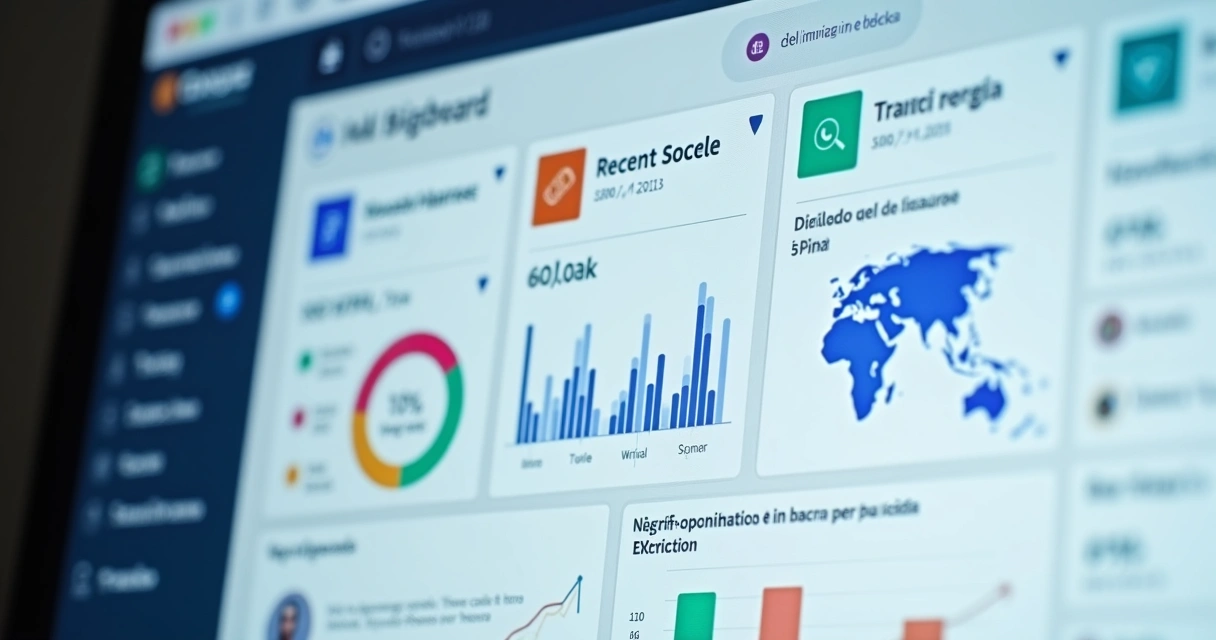 Tela de plataforma integrada com dashboards logísticos coloridos e notificações em destaque. 