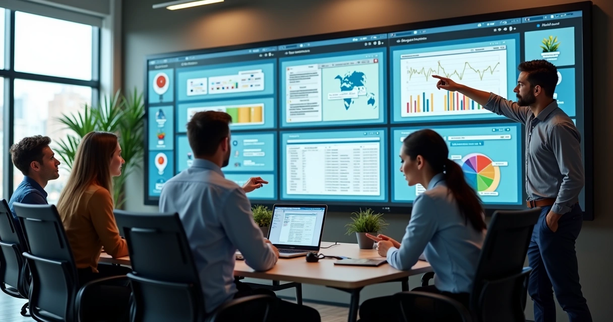 Equipe de TI usando uma plataforma unificada com múltiplas telas digitais 