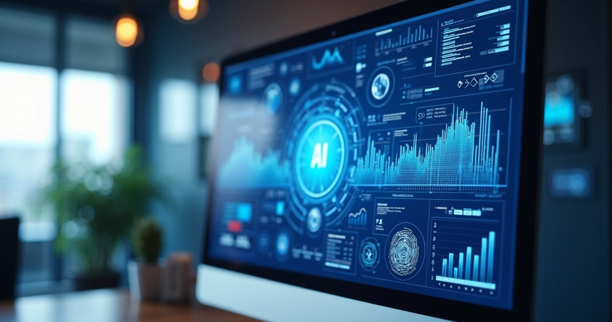 Interface de plataforma digital com elementos de inteligência artificial como gráficos e robôs 