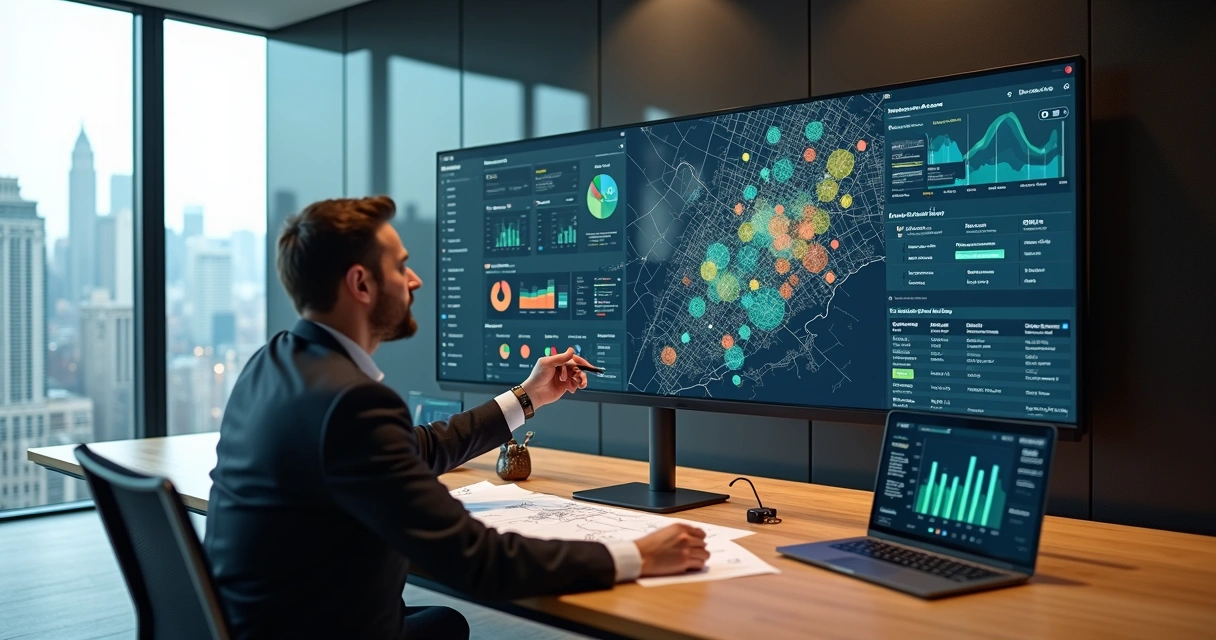 Corretor analisa painel de inteligência comercial com mapa de imóveis e gráficos de performance 