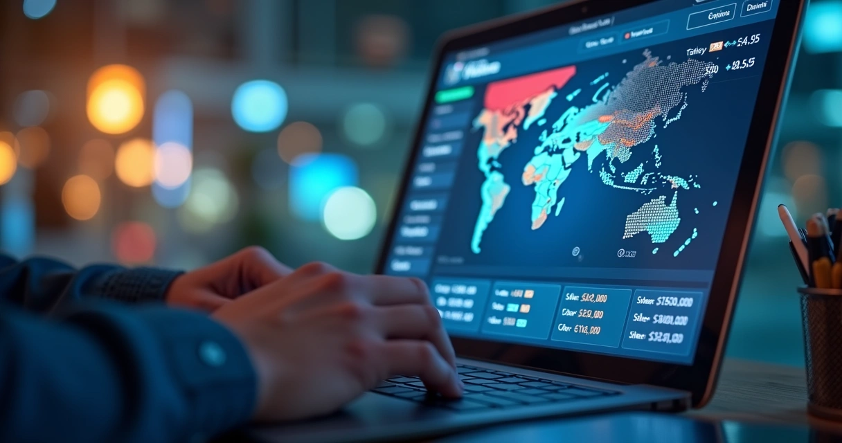 Plataforma digital mostrando pagamentos internacionais centralizados e moedas diversas 