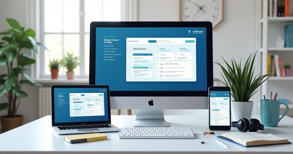 Interface amigável de curso online em desktop, tablet e celular 
