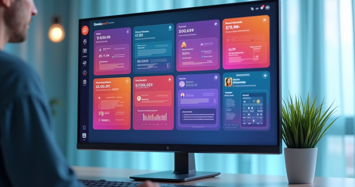 Painel visual da plataforma Omnismart exibindo múltiplos módulos em operação. 