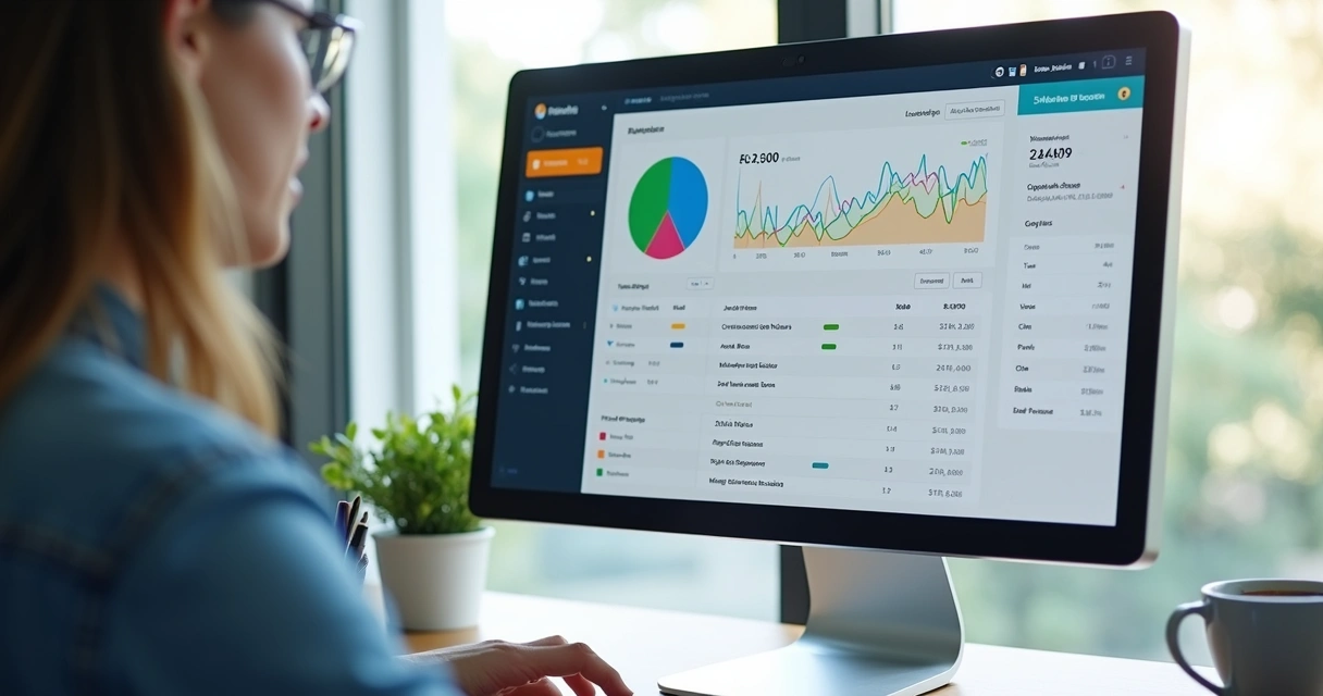 Tela de dashboard financeiro de plataforma com gráficos e listagens. 